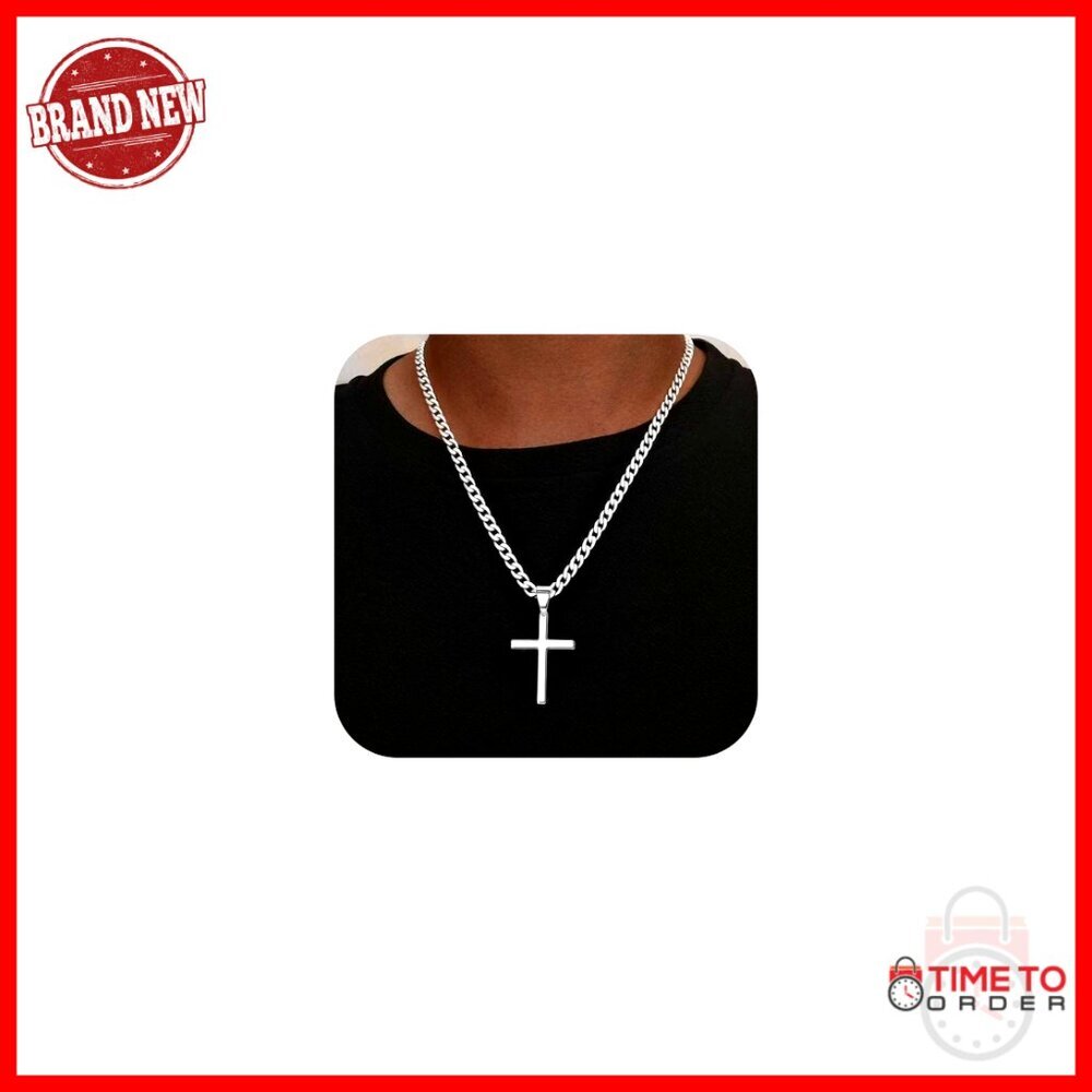 Sterling Silver Cross Necklace, 5mm Cuban Link Chain, 16-24 Inch